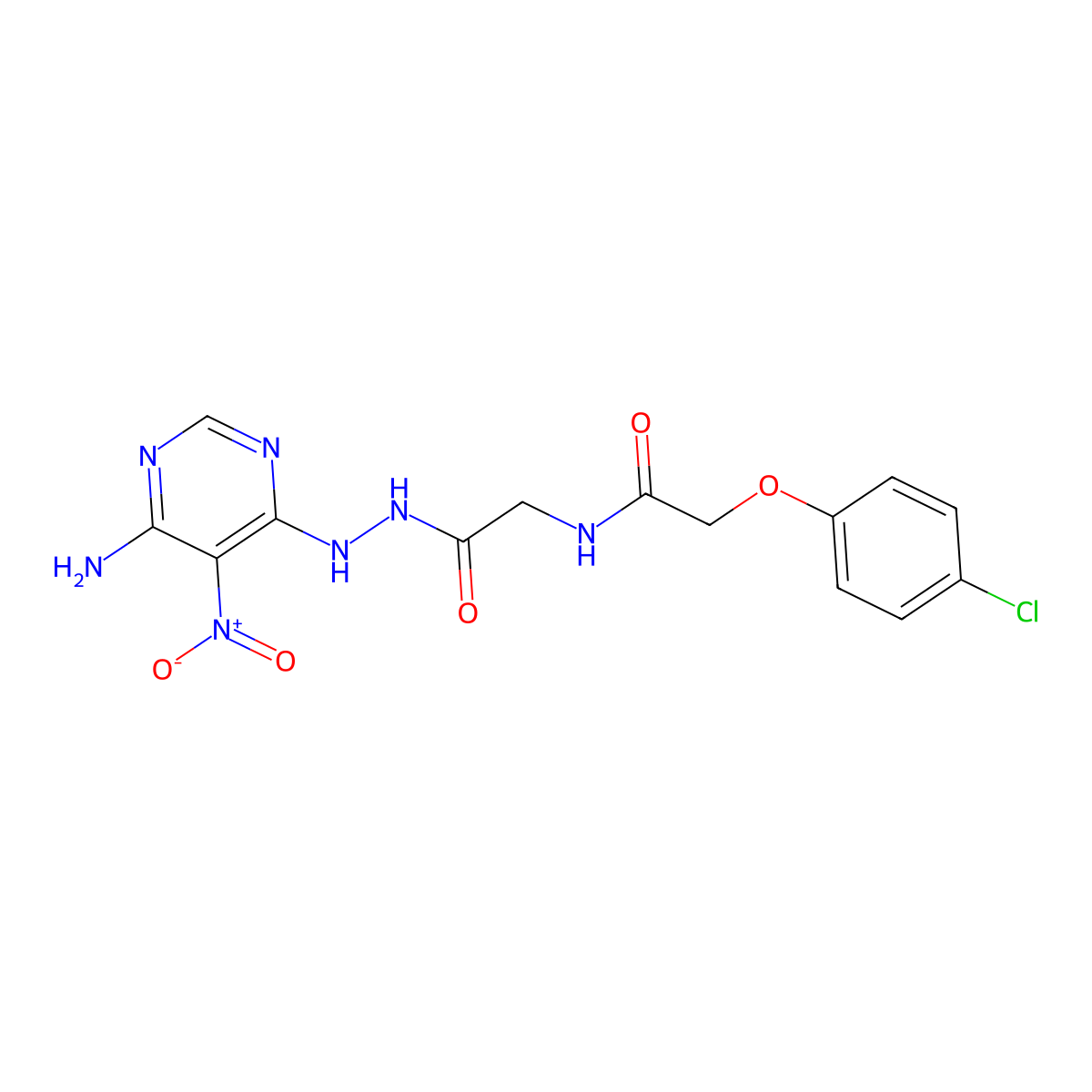 N-(2-(2-(6-amino-5-nitropyrimidin-4-yl)hydrazinyl)-2-oxoethyl)-2-(4-chlorophenoxy)acetamide molecular structure, CAS 450346-25-5