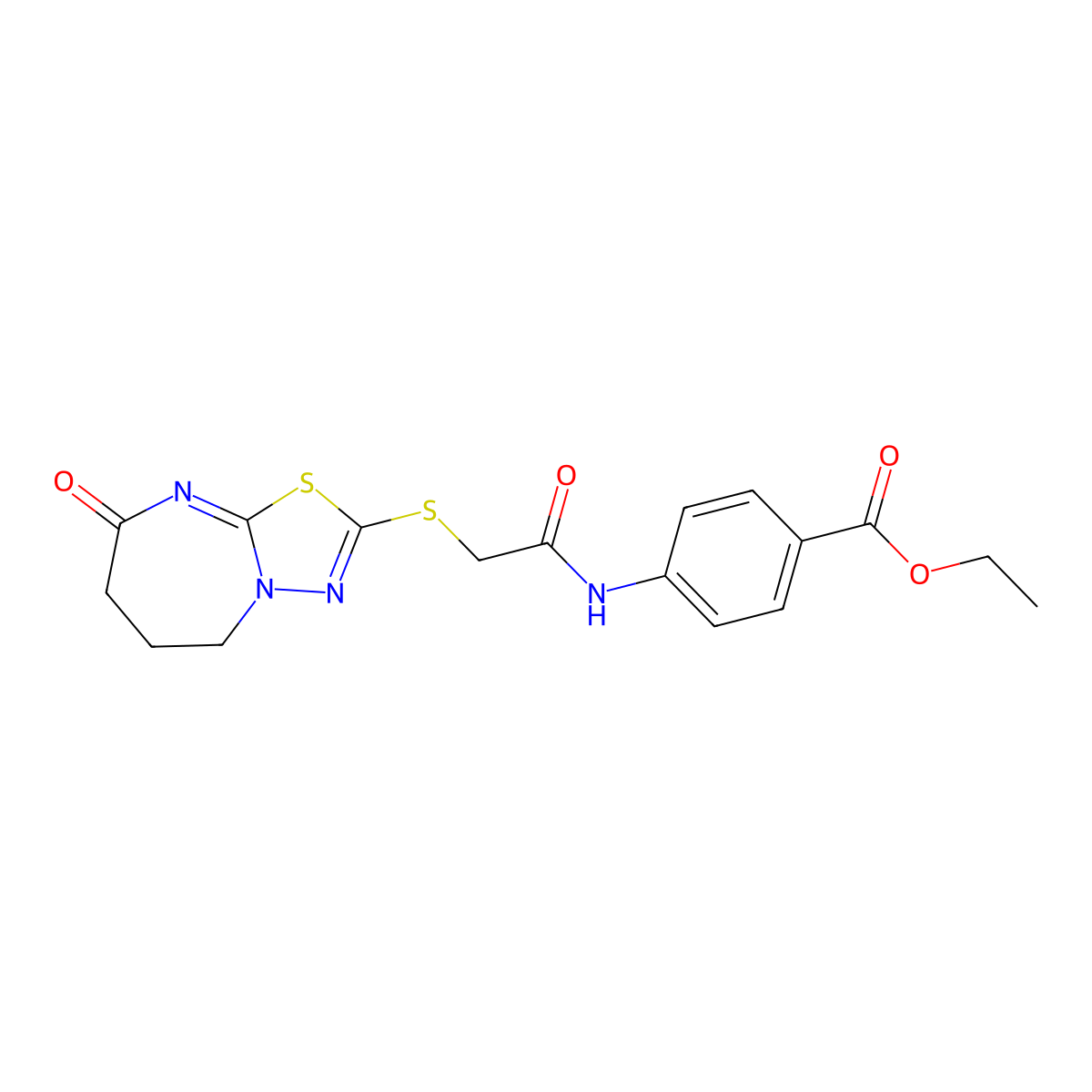 Ethyl 4-(2-((8-oxo-5,6,7,8-tetrahydro-[1,3,4]thiadiazolo[3,2-a][1,3]diazepin-2-yl)thio)acetamido)benzoate molecular structure, CAS 450346-66-4