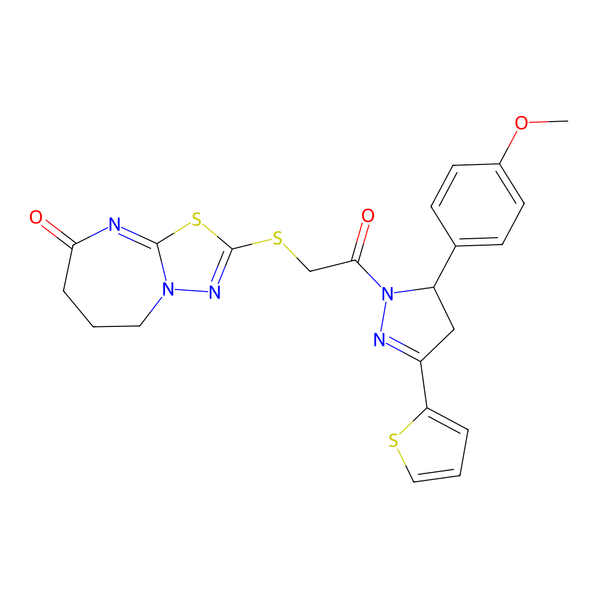 2-((2-(5-(4-methoxyphenyl)-3-(thiophen-2-yl)-4,5-dihydro-1H-pyrazol-1-yl)-2-oxoethyl)thio)-6,7-dihydro-[1,3,4]thiadiazolo[3,2-a][1,3]diazepin-8(5H)-one molecular structure, CAS 450346-73-3