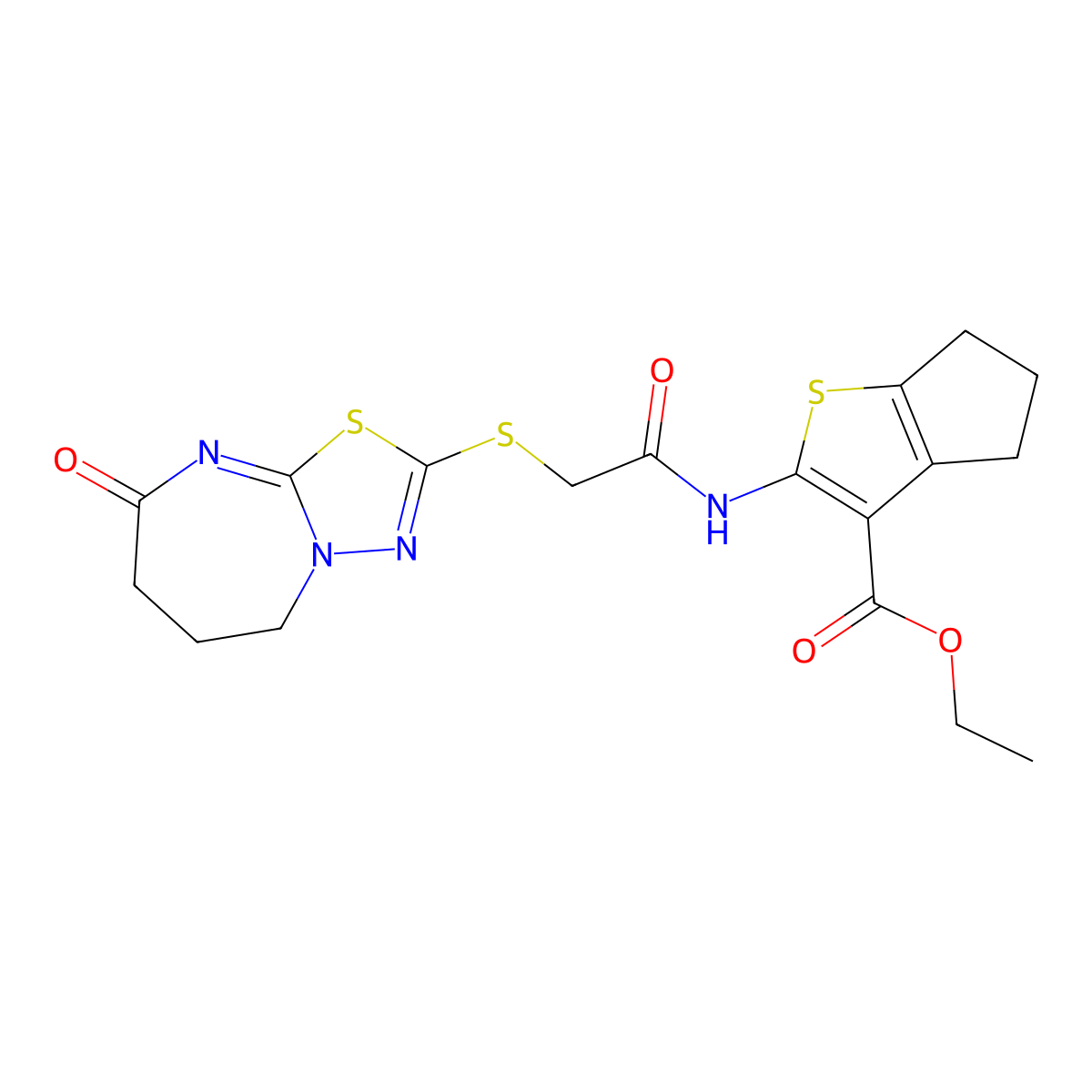 ethyl 2-[[2-[(8-oxo-6,7-dihydro-5H-[1,3,4]thiadiazolo[3,2-a][1,3]diazepin-2-yl)sulfanyl]acetyl]amino]-5,6-dihydro-4H-cyclopenta[b]thiophene-3-carboxylate molecular structure, CAS 450346-74-4