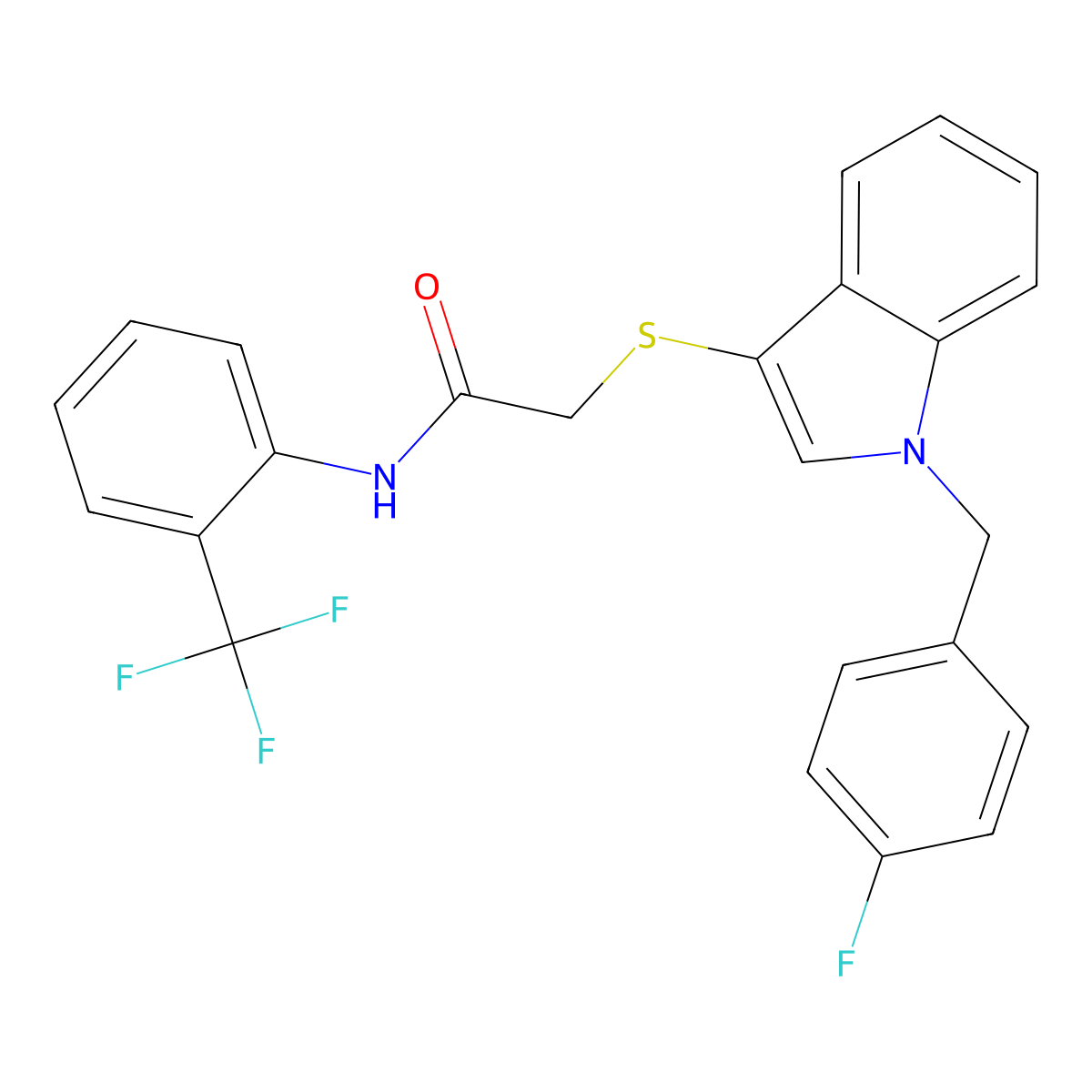 2-[1-[(4-fluorophenyl)methyl]indol-3-yl]sulfanyl-N-[2-(trifluoromethyl)phenyl]acetamide molecular structure, CAS 450346-93-7