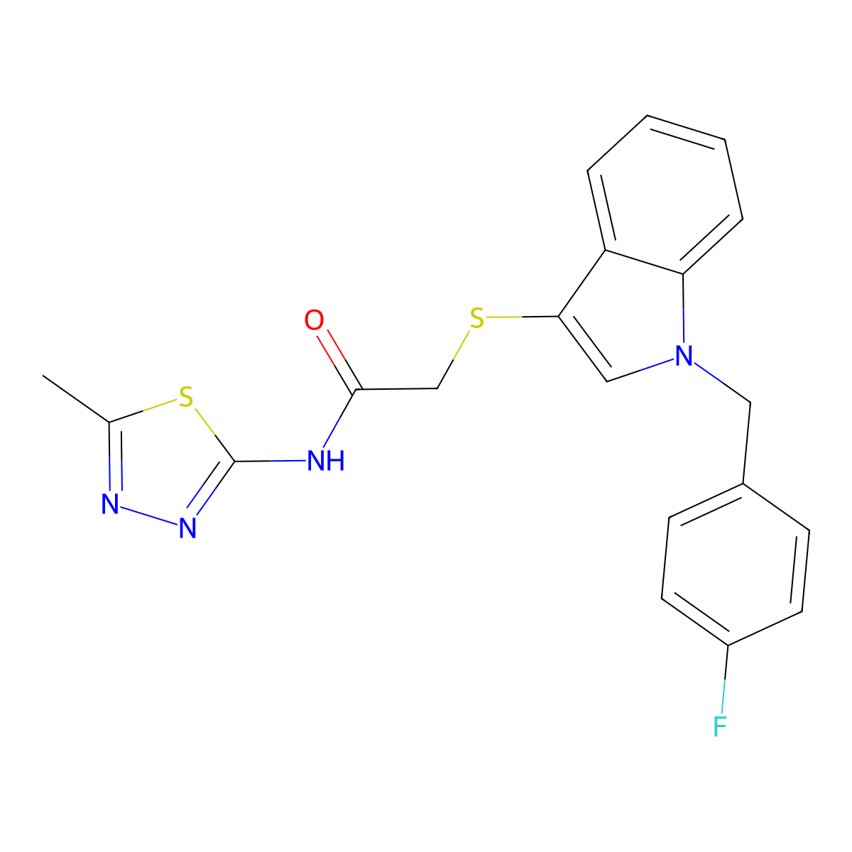 2-[1-[(4-fluorophenyl)methyl]indol-3-yl]sulfanyl-N-(5-methyl-1,3,4-thiadiazol-2-yl)acetamide molecular structure, CAS 450347-05-4