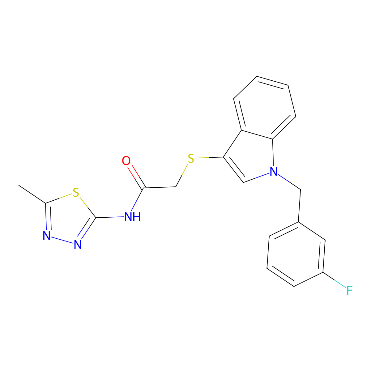 2-[1-[(3-fluorophenyl)methyl]indol-3-yl]sulfanyl-N-(5-methyl-1,3,4-thiadiazol-2-yl)acetamide molecular structure, CAS 450347-27-0