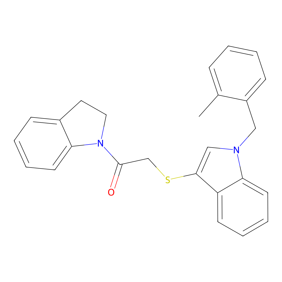 1-(indolin-1-yl)-2-((1-(2-methylbenzyl)-1H-indol-3-yl)thio)ethanone molecular structure, CAS 450347-35-0