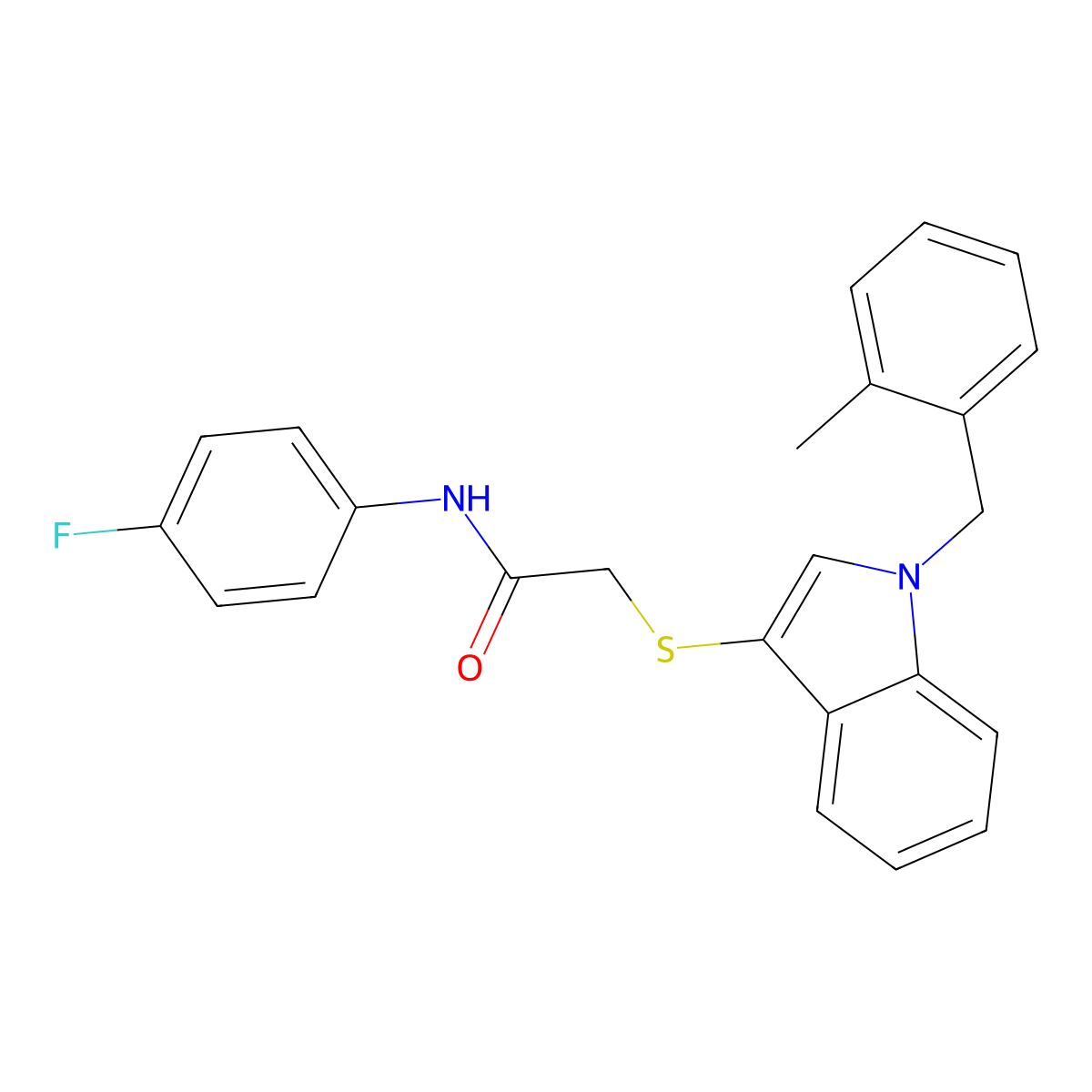 N-(4-fluorophenyl)-2-((1-(2-methylbenzyl)-1H-indol-3-yl)thio)acetamide molecular structure, CAS 450347-39-4