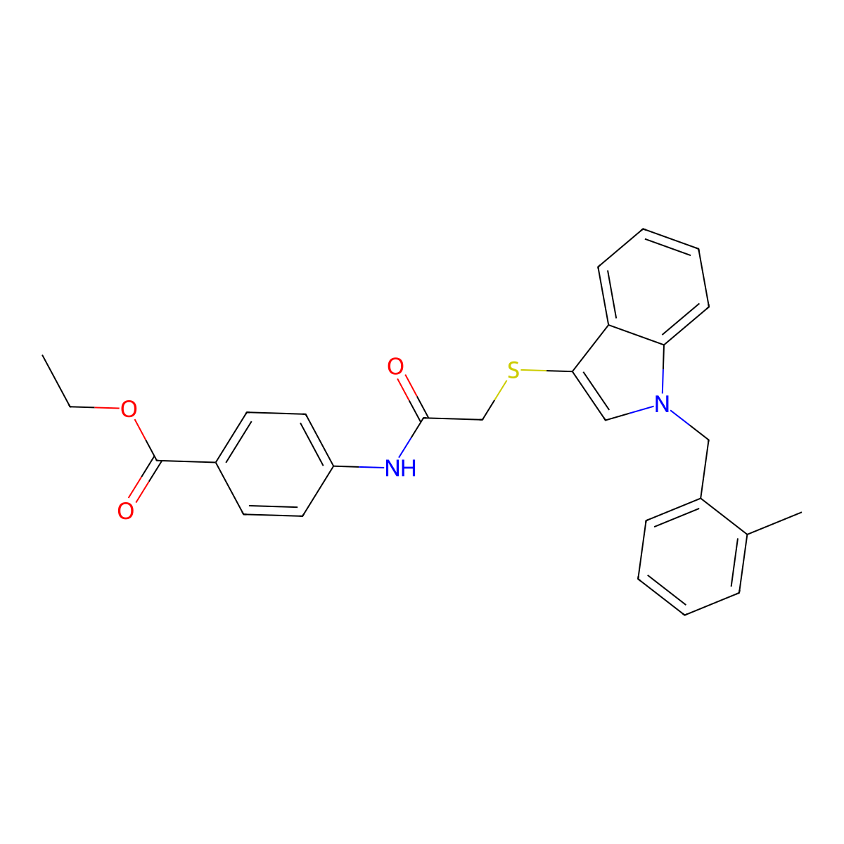 Ethyl 4-[[2-[1-[(2-methylphenyl)methyl]indol-3-yl]sulfanylacetyl]amino]benzoate molecular structure, CAS 450347-43-0