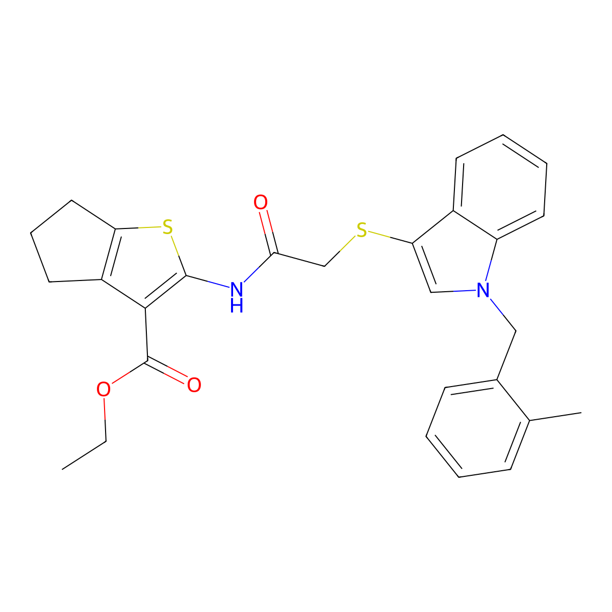 ethyl 2-[[2-[1-[(2-methylphenyl)methyl]indol-3-yl]sulfanylacetyl]amino]-5,6-dihydro-4H-cyclopenta[b]thiophene-3-carboxylate molecular structure, CAS 450347-55-4