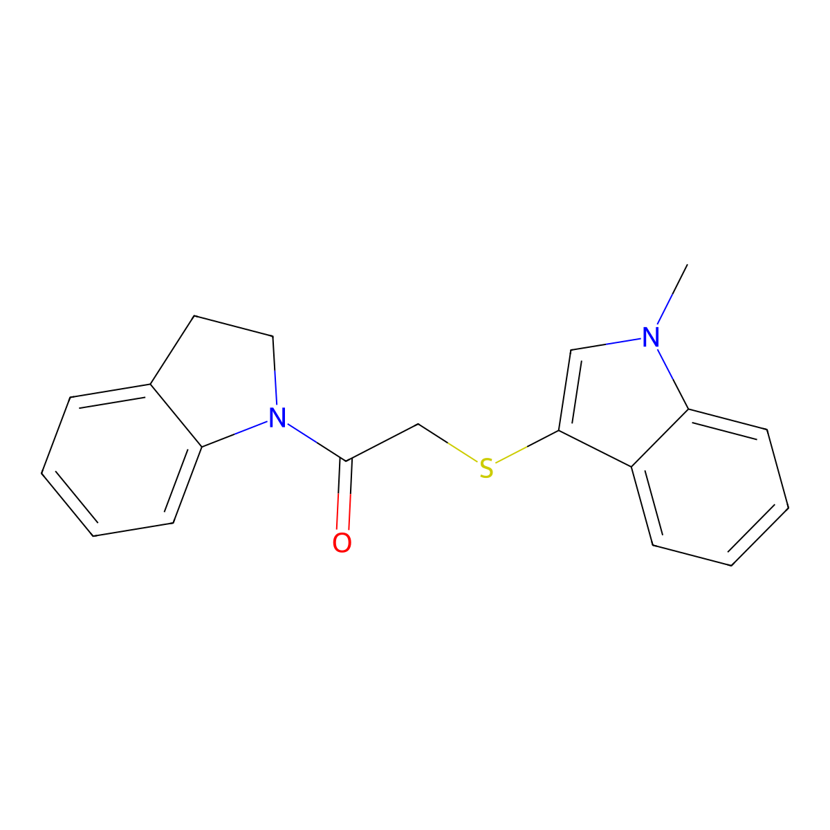 1-(indolin-1-yl)-2-((1-methyl-1H-indol-3-yl)thio)ethanone molecular structure, CAS 450348-61-5