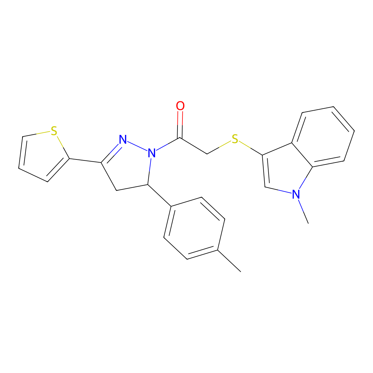 2-((1-methyl-1H-indol-3-yl)thio)-1-(3-(thiophen-2-yl)-5-(p-tolyl)-4,5-dihydro-1H-pyrazol-1-yl)ethanone molecular structure, CAS 450349-06-1