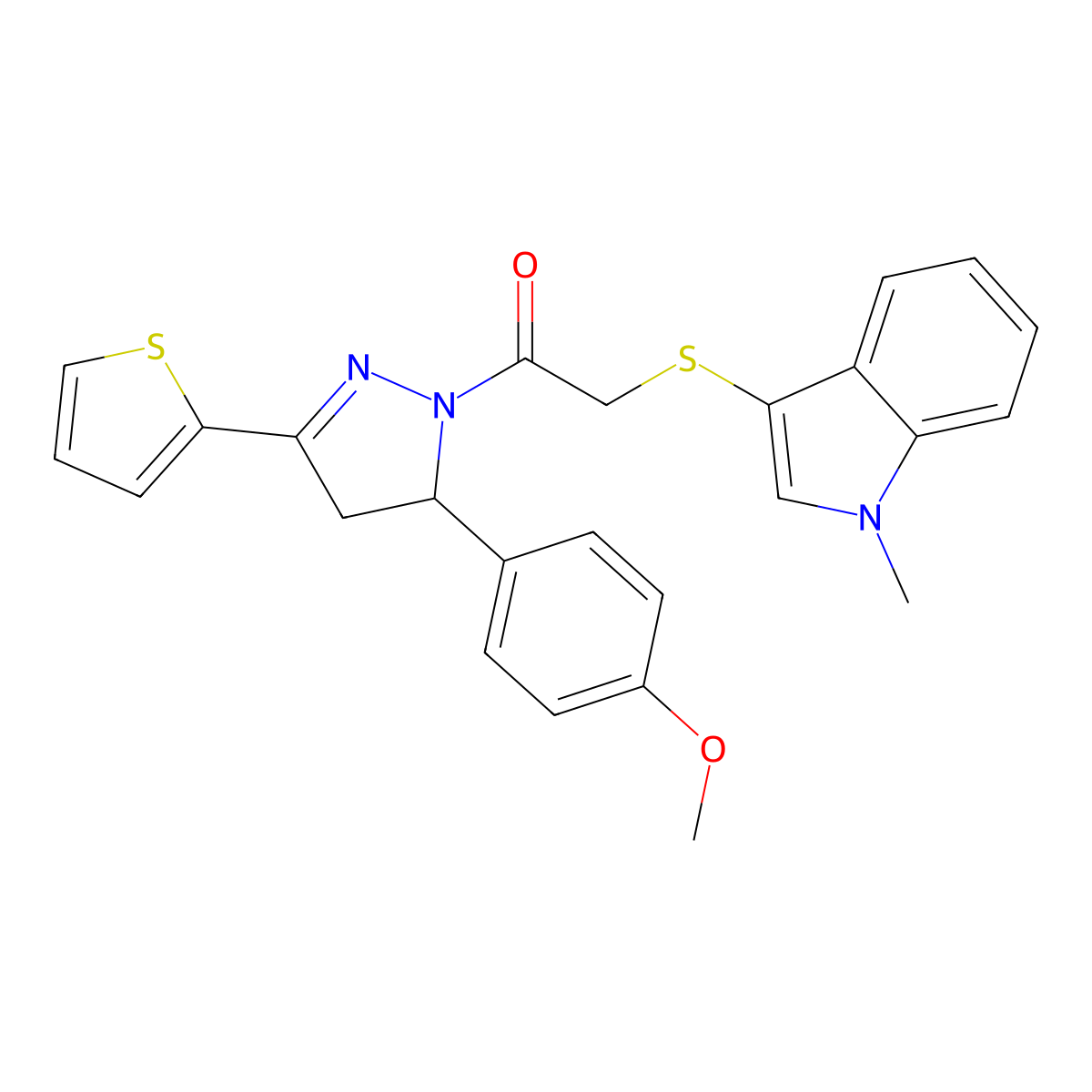 1-(5-(4-methoxyphenyl)-3-(thiophen-2-yl)-4,5-dihydro-1H-pyrazol-1-yl)-2-((1-methyl-1H-indol-3-yl)thio)ethanone molecular structure, CAS 450349-10-7