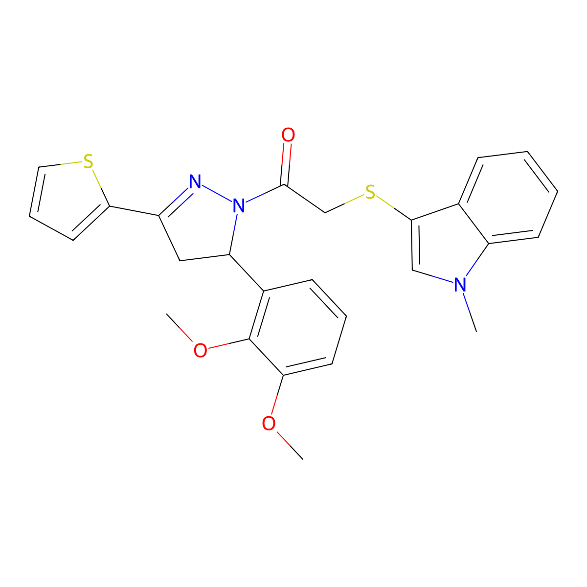 1-(5-(2,3-dimethoxyphenyl)-3-(thiophen-2-yl)-4,5-dihydro-1H-pyrazol-1-yl)-2-((1-methyl-1H-indol-3-yl)thio)ethanone molecular structure, CAS 450349-12-9