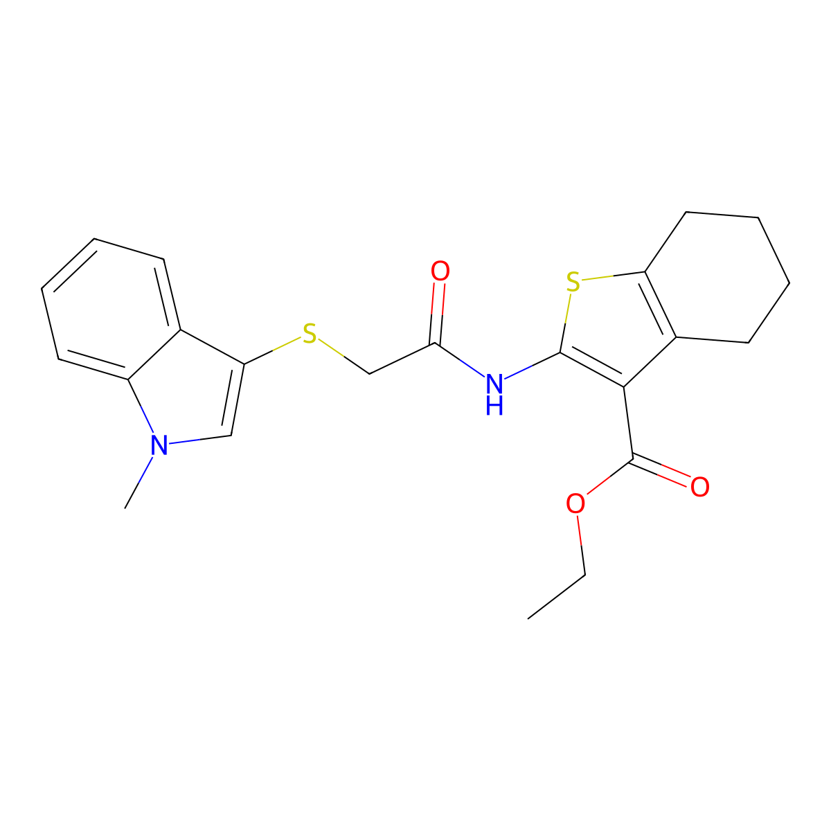 Ethyl 2-[[2-(1-methylindol-3-yl)sulfanylacetyl]amino]-4,5,6,7-tetrahydro-1-benzothiophene-3-carboxylate molecular structure, CAS 450349-14-1