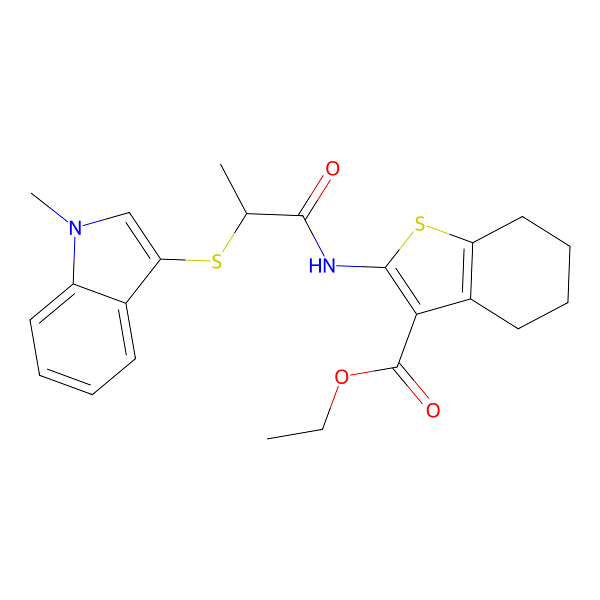 ethyl 2-(2-((1-methyl-1H-indol-3-yl)thio)propanamido)-4,5,6,7-tetrahydrobenzo[b]thiophene-3-carboxylate molecular structure, CAS 450349-16-3