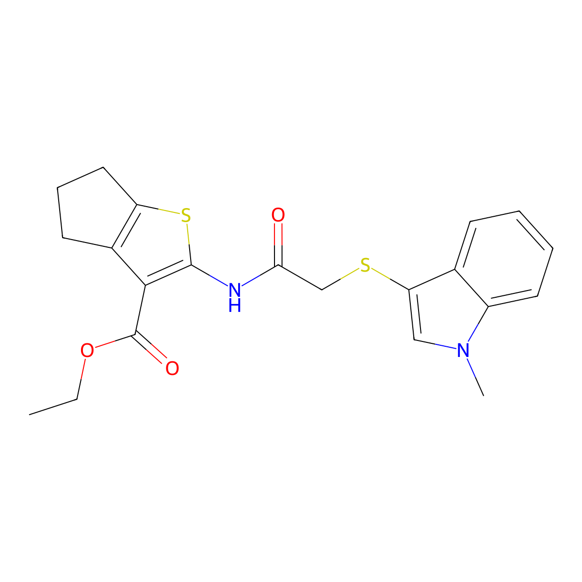 ethyl 2-[[2-(1-methylindol-3-yl)sulfanylacetyl]amino]-5,6-dihydro-4H-cyclopenta[b]thiophene-3-carboxylate molecular structure, CAS 450349-18-5