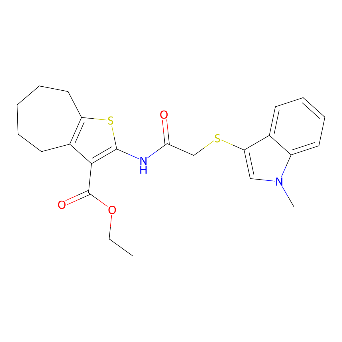 ethyl 2-(2-((1-methyl-1H-indol-3-yl)thio)acetamido)-5,6,7,8-tetrahydro-4H-cyclohepta[b]thiophene-3-carboxylate molecular structure, CAS 450349-22-1