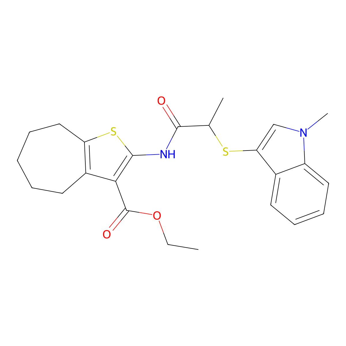ethyl 2-(2-((1-methyl-1H-indol-3-yl)thio)propanamido)-5,6,7,8-tetrahydro-4H-cyclohepta[b]thiophene-3-carboxylate molecular structure, CAS 450349-24-3