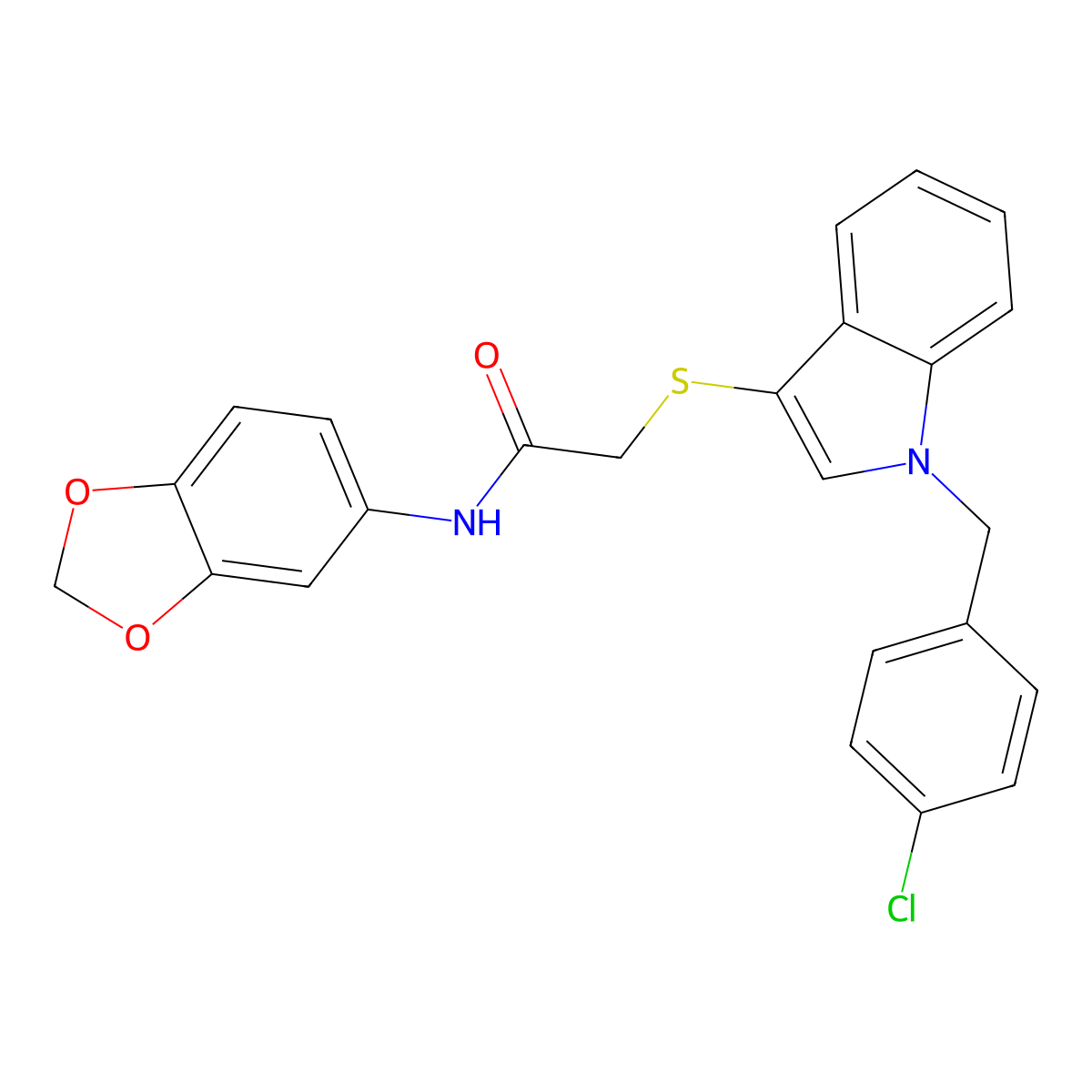 N-(1,3-benzodioxol-5-yl)-2-[1-[(4-chlorophenyl)methyl]indol-3-yl]sulfanylacetamide molecular structure, CAS 450349-63-0
