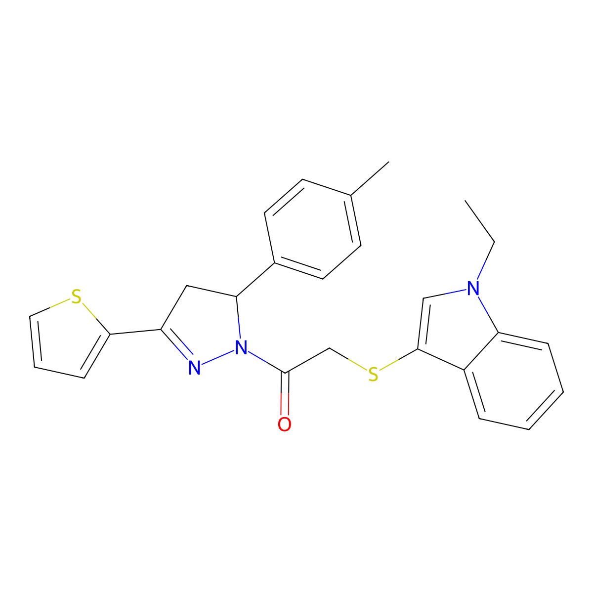 2-((1-ethyl-1H-indol-3-yl)thio)-1-(3-(thiophen-2-yl)-5-(p-tolyl)-4,5-dihydro-1H-pyrazol-1-yl)ethanone molecular structure, CAS 450350-29-5