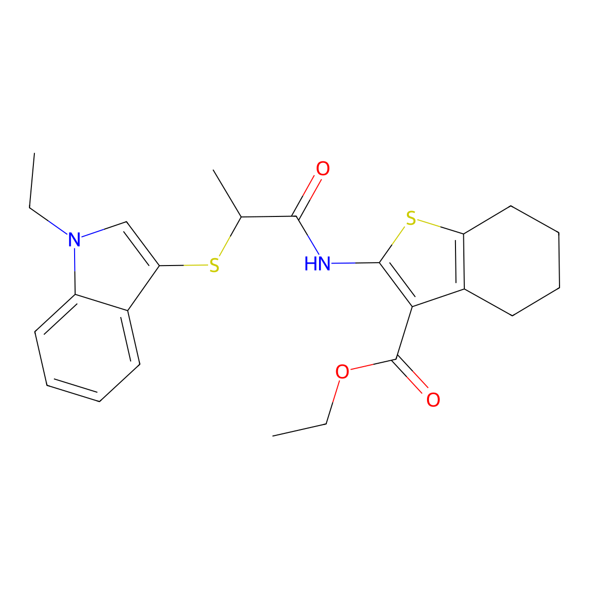 ethyl 2-(2-((1-ethyl-1H-indol-3-yl)thio)propanamido)-4,5,6,7-tetrahydrobenzo[b]thiophene-3-carboxylate molecular structure, CAS 450350-37-5
