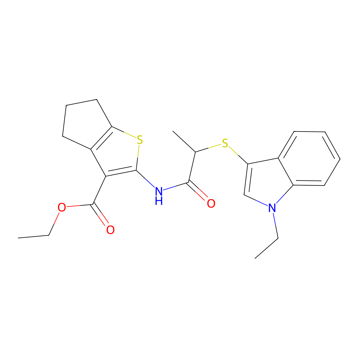 ethyl 2-[2-(1-ethylindol-3-yl)sulfanylpropanoylamino]-5,6-dihydro-4H-cyclopenta[b]thiophene-3-carboxylate molecular structure, CAS 450350-41-1