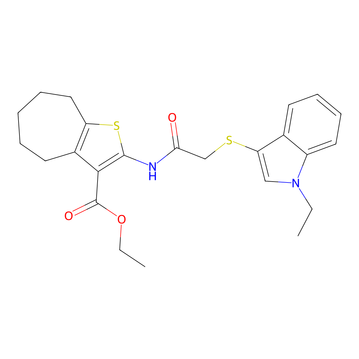ethyl 2-[[2-(1-ethylindol-3-yl)sulfanylacetyl]amino]-5,6,7,8-tetrahydro-4H-cyclohepta[b]thiophene-3-carboxylate molecular structure, CAS 450350-43-3