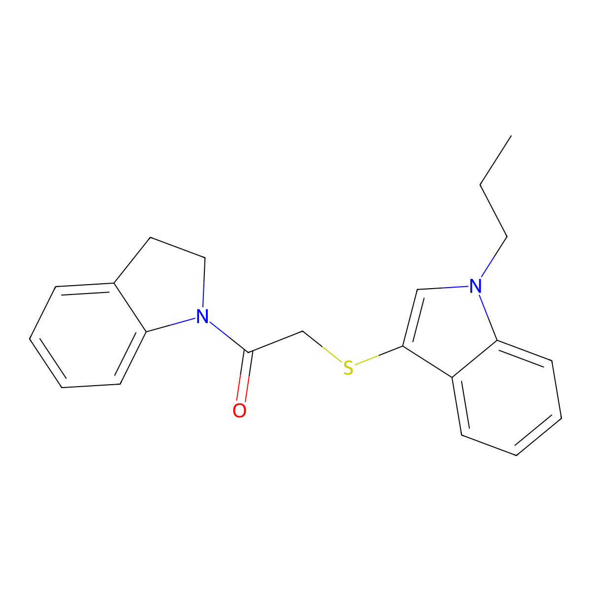 1-(indolin-1-yl)-2-((1-propyl-1H-indol-3-yl)thio)ethanone molecular structure, CAS 450350-51-3