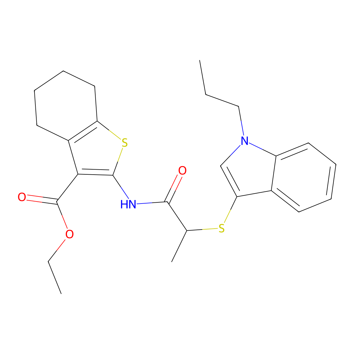 ethyl 2-(2-((1-propyl-1H-indol-3-yl)thio)propanamido)-4,5,6,7-tetrahydrobenzo[b]thiophene-3-carboxylate molecular structure, CAS 450350-97-7