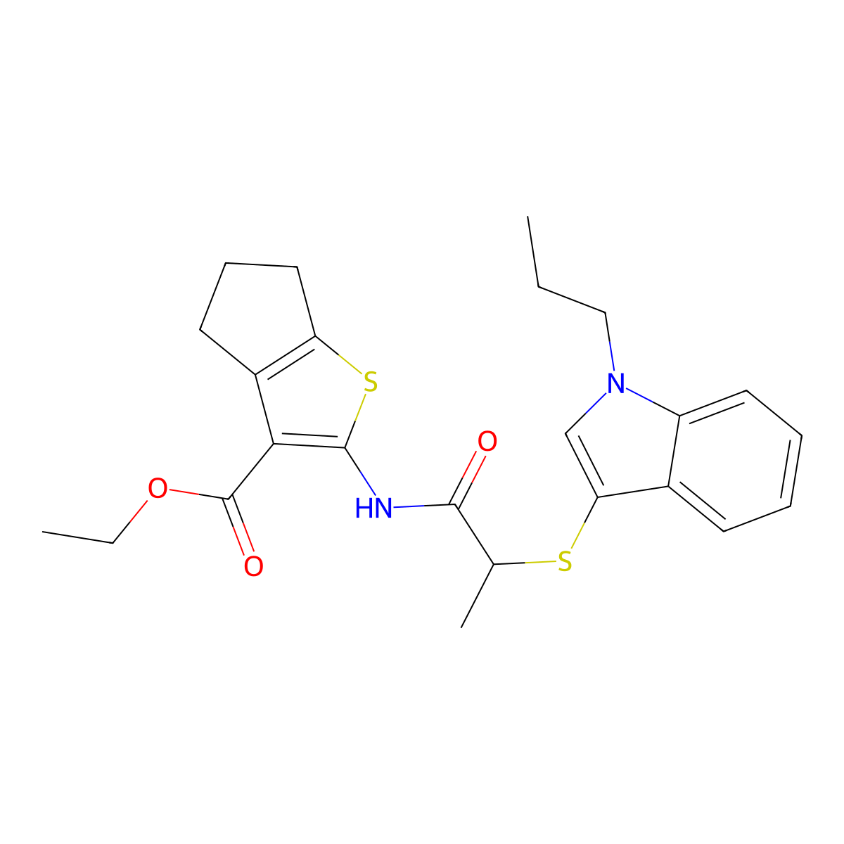 ethyl 2-(2-((1-propyl-1H-indol-3-yl)thio)propanamido)-5,6-dihydro-4H-cyclopenta[b]thiophene-3-carboxylate molecular structure, CAS 450351-01-6