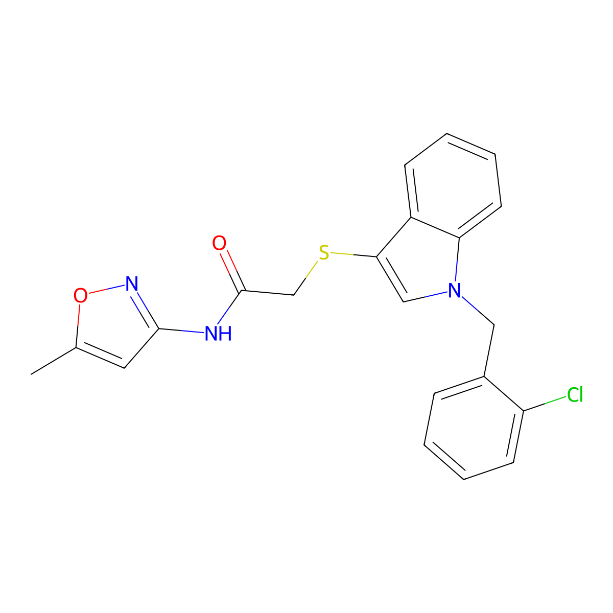 2-[1-[(2-chlorophenyl)methyl]indol-3-yl]sulfanyl-N-(5-methyl-1,2-oxazol-3-yl)acetamide molecular structure, CAS 450351-42-5