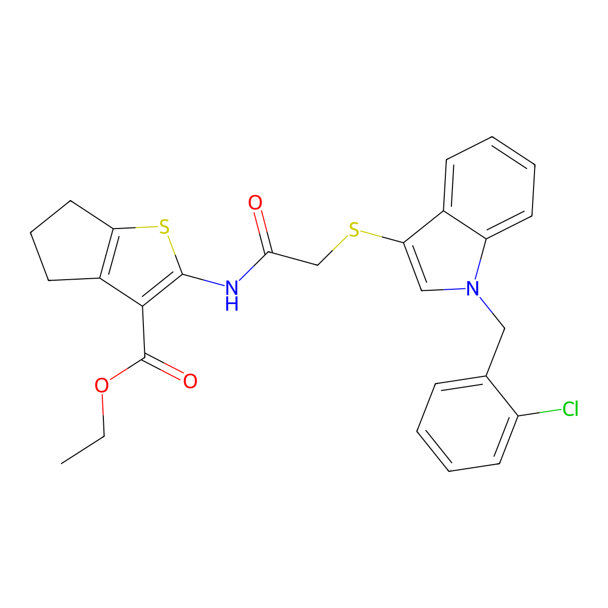 ethyl 2-(2-((1-(2-chlorobenzyl)-1H-indol-3-yl)thio)acetamido)-5,6-dihydro-4H-cyclopenta[b]thiophene-3-carboxylate molecular structure, CAS 450351-43-6