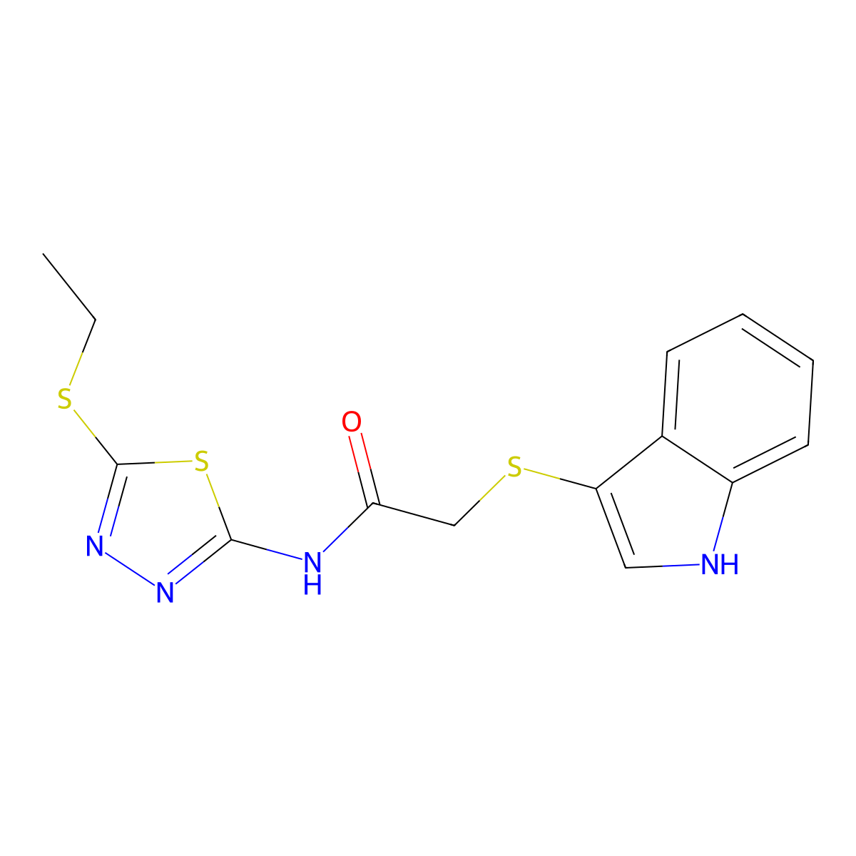 N-(5-ethylsulfanyl-1,3,4-thiadiazol-2-yl)-2-(1H-indol-3-ylsulfanyl)acetamide molecular structure, CAS 450351-97-0