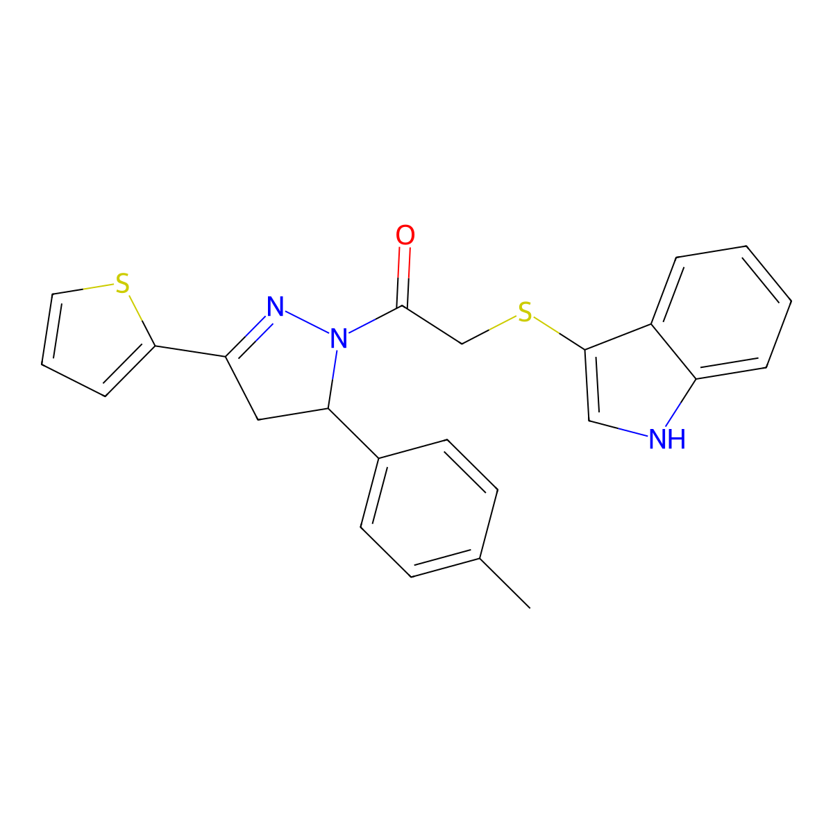 2-(1H-indol-3-ylsulfanyl)-1-[3-(4-methylphenyl)-5-thiophen-2-yl-3,4-dihydropyrazol-2-yl]ethanone molecular structure, CAS 450352-03-1
