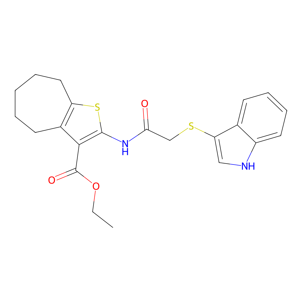 ethyl 2-(2-((1H-indol-3-yl)thio)acetamido)-5,6,7,8-tetrahydro-4H-cyclohepta[b]thiophene-3-carboxylate molecular structure, CAS 450352-19-9