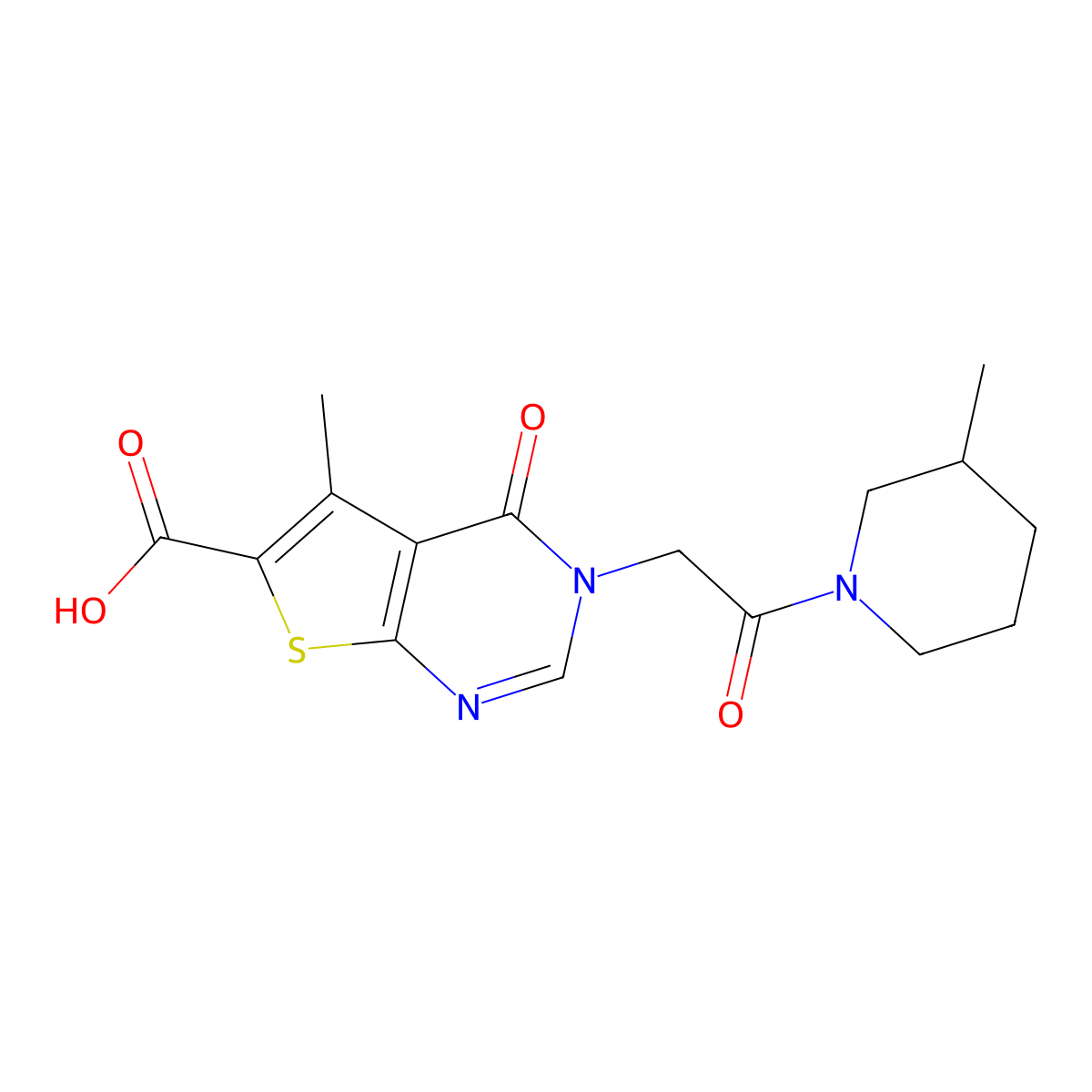 5-Methyl-3-[2-(3-methylpiperidino)-2-oxoethyl]-4-oxo-3,4-dihydrothieno[2,3-d]pyrimidine-6-carboxylic acid molecular structure, CAS 450356-20-4