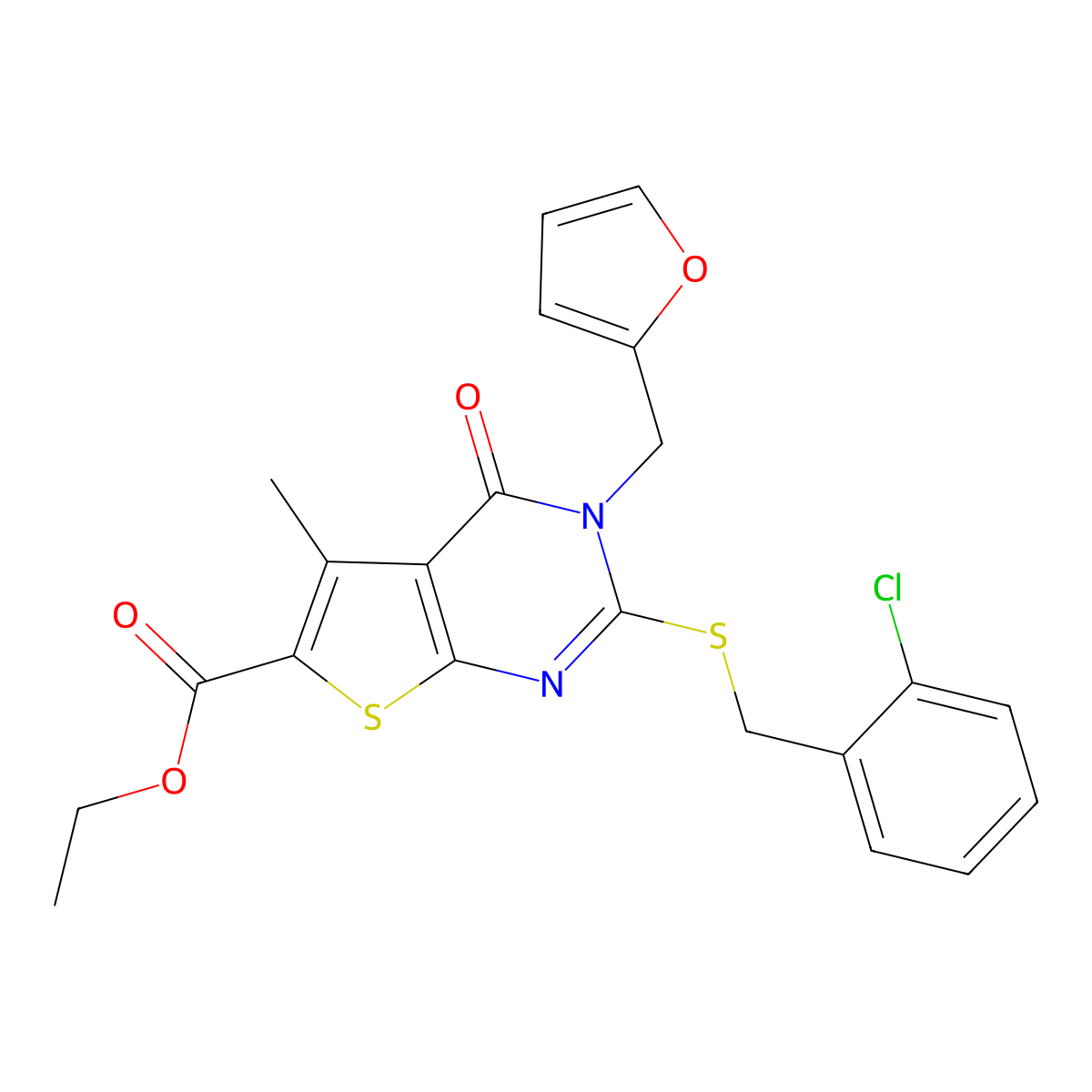 ethyl 2-{[(2-chlorophenyl)methyl]sulfanyl}-3-[(furan-2-yl)methyl]-5-methyl-4-oxo-3H,4H-thieno[2,3-d]pyrimidine-6-carboxylate molecular structure, CAS 450369-92-3