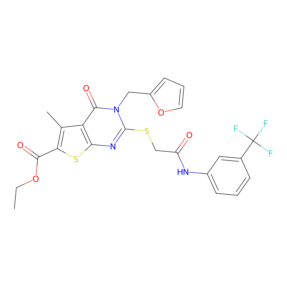 Ethyl 3-(furan-2-ylmethyl)-5-methyl-4-oxo-2-[2-oxo-2-[3-(trifluoromethyl)anilino]ethyl]sulfanylthieno[2,3-d]pyrimidine-6-carboxylate molecular structure, CAS 450369-95-6