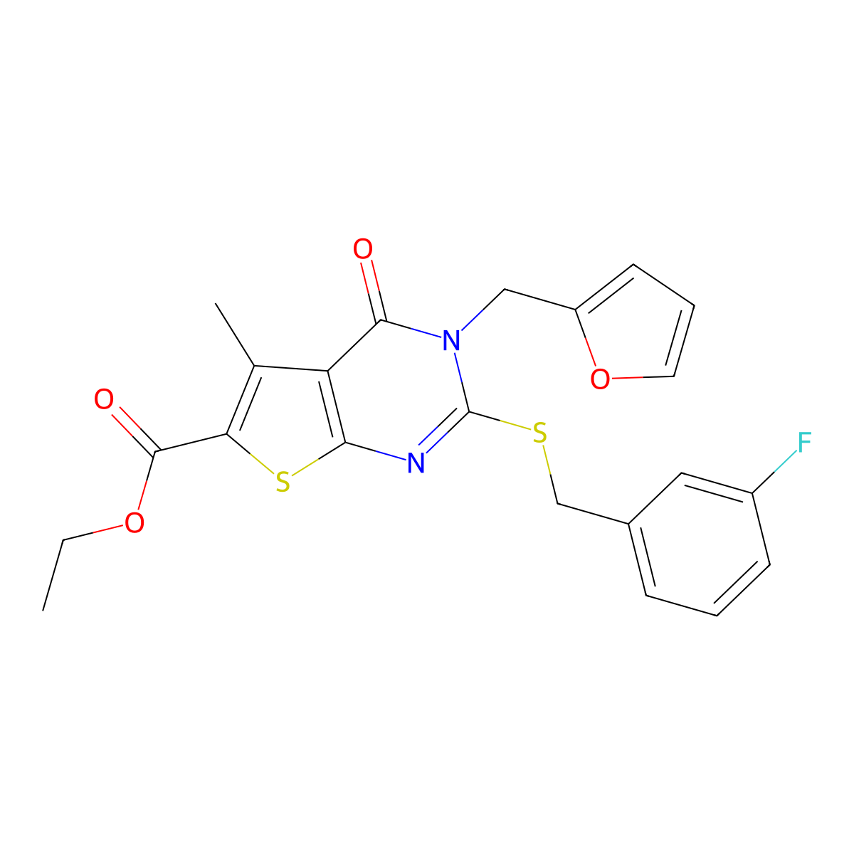 Ethyl 2-[(3-fluorophenyl)methylsulfanyl]-3-(furan-2-ylmethyl)-5-methyl-4-oxothieno[2,3-d]pyrimidine-6-carboxylate molecular structure, CAS 450369-97-8