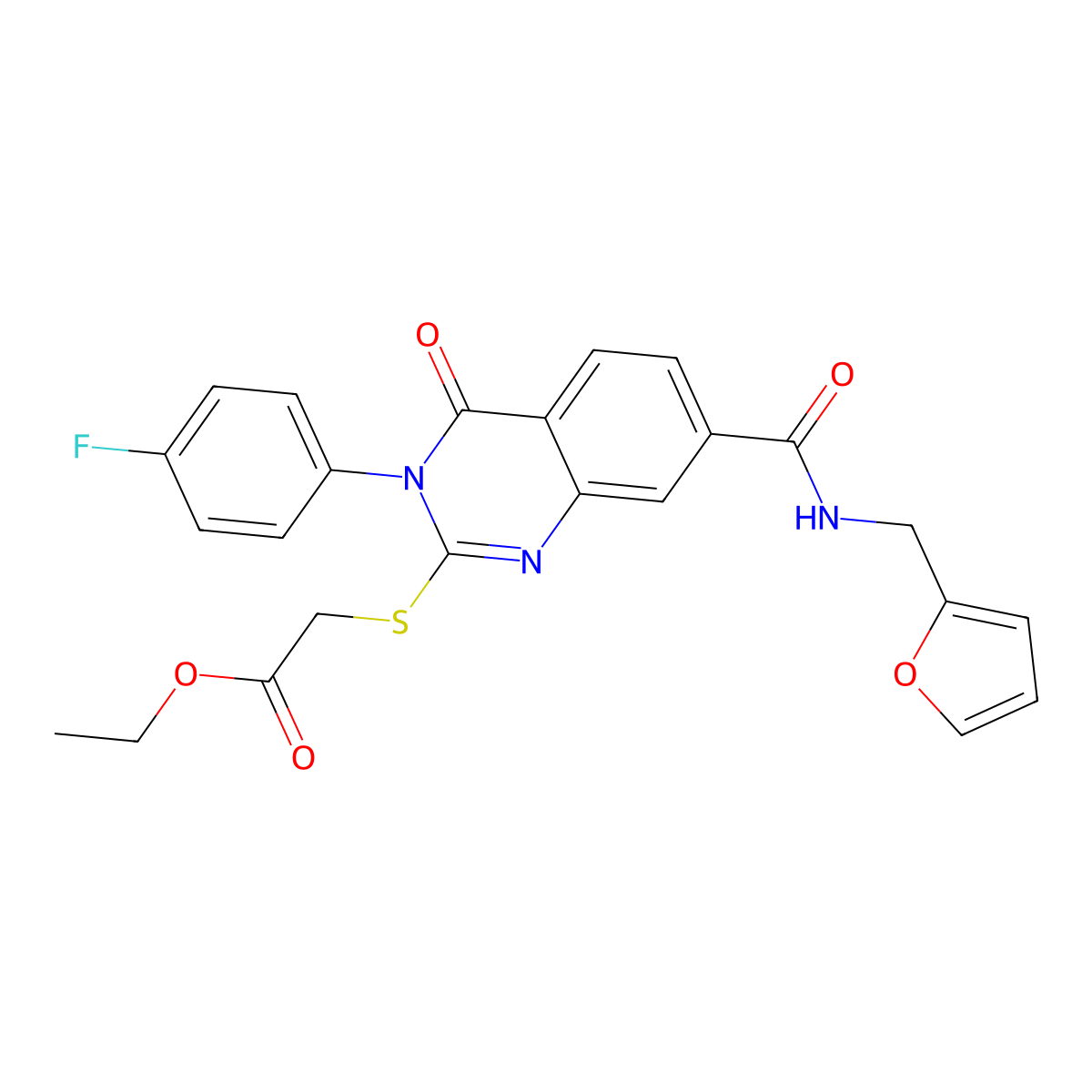 Ethyl 2-[3-(4-fluorophenyl)-7-(furan-2-ylmethylcarbamoyl)-4-oxoquinazolin-2-yl]sulfanylacetate molecular structure, CAS 450371-83-2
