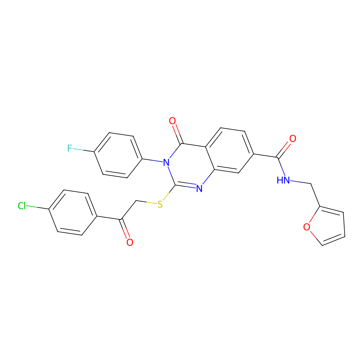 2-((2-(4-chlorophenyl)-2-oxoethyl)thio)-3-(4-fluorophenyl)-N-(furan-2-ylmethyl)-4-oxo-3,4-dihydroquinazoline-7-carboxamide molecular structure, CAS 450371-99-0