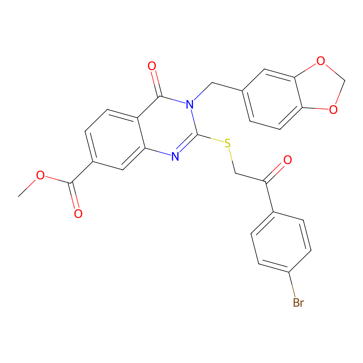 Methyl 3-(benzo[d][1,3]dioxol-5-ylmethyl)-2-((2-(4-bromophenyl)-2-oxoethyl)thio)-4-oxo-3,4-dihydroquinazoline-7-carboxylate molecular structure, CAS 450372-06-2