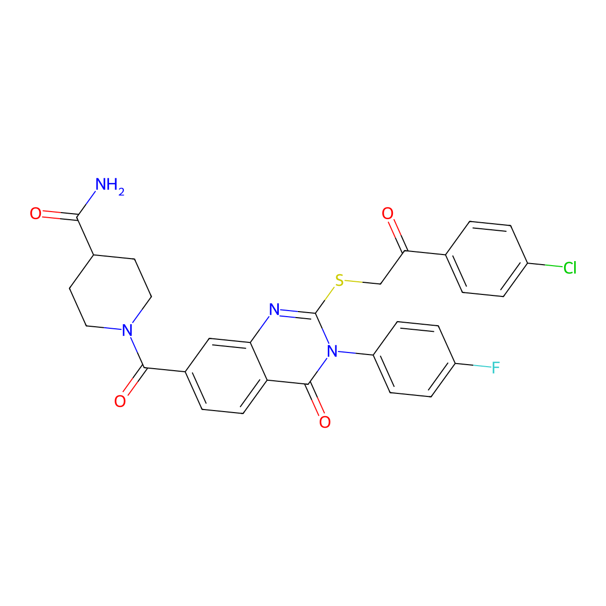 1-(2-((2-(4-Chlorophenyl)-2-oxoethyl)thio)-3-(4-fluorophenyl)-4-oxo-3,4-dihydroquinazoline-7-carbonyl)piperidine-4-carboxamide molecular structure, CAS 450372-08-4