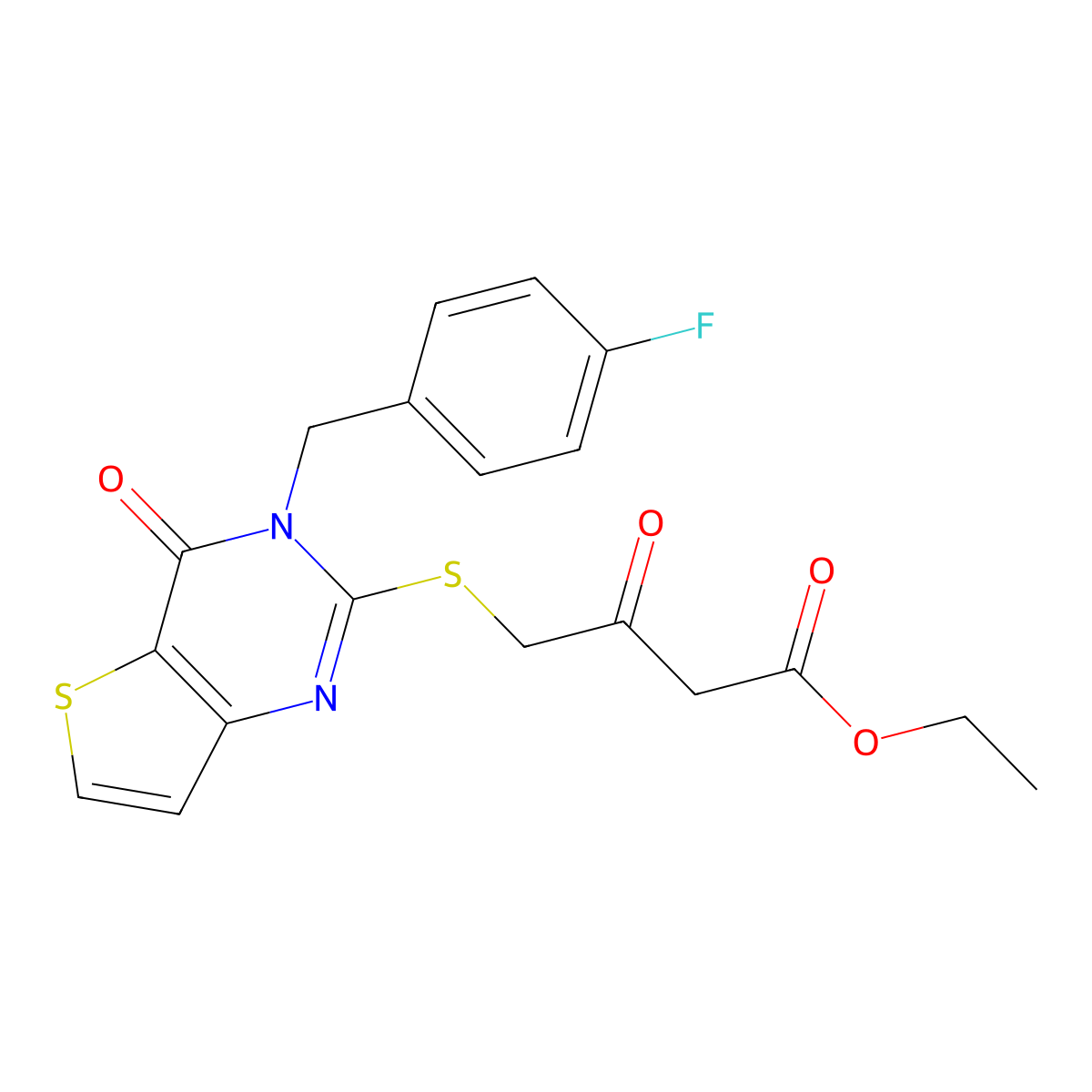 Ethyl 4-((3-(4-fluorobenzyl)-4-oxo-3,4-dihydrothieno[3,2-d]pyrimidin-2-yl)thio)-3-oxobutanoate molecular structure, CAS 450372-75-5
