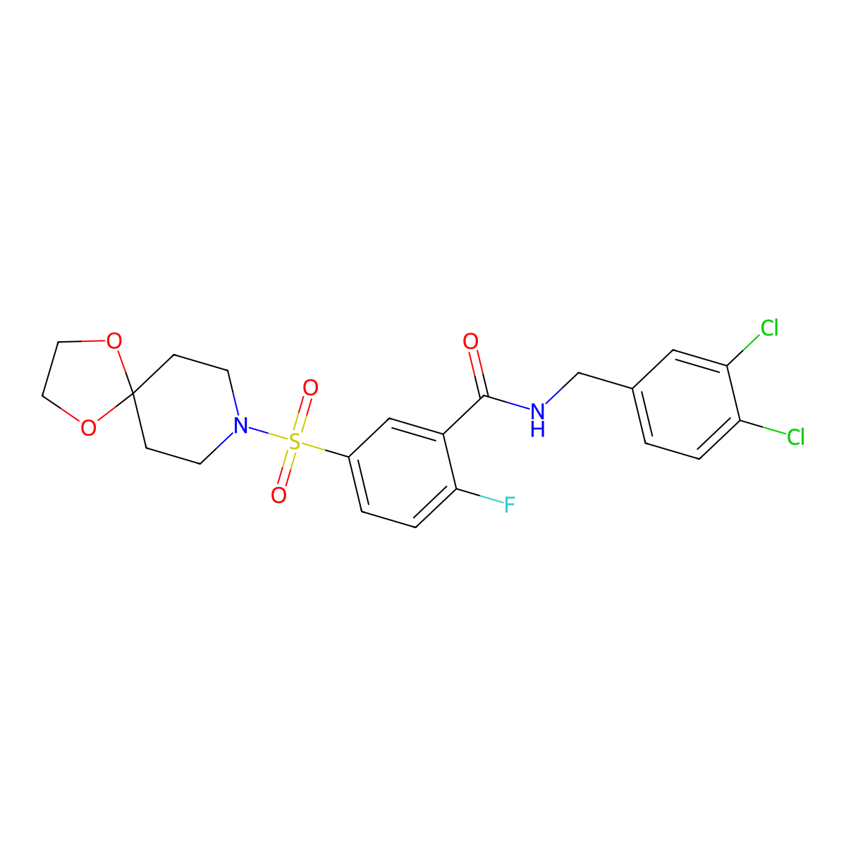 5-(1,4-dioxa-8-azaspiro[4.5]decan-8-ylsulfonyl)-N-(3,4-dichlorobenzyl)-2-fluorobenzamide molecular structure, CAS 450384-91-5