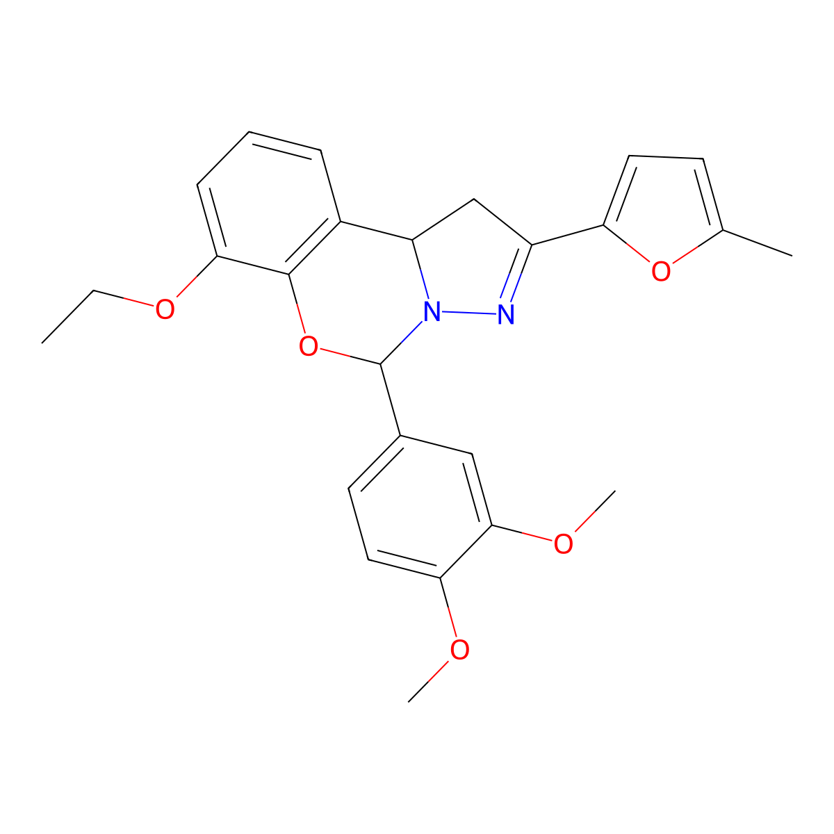 5-(3,4-dimethoxyphenyl)-7-ethoxy-2-(5-methylfuran-2-yl)-5,10b-dihydro-1H-pyrazolo[1,5-c][1,3]benzoxazine molecular structure, CAS 450386-21-7