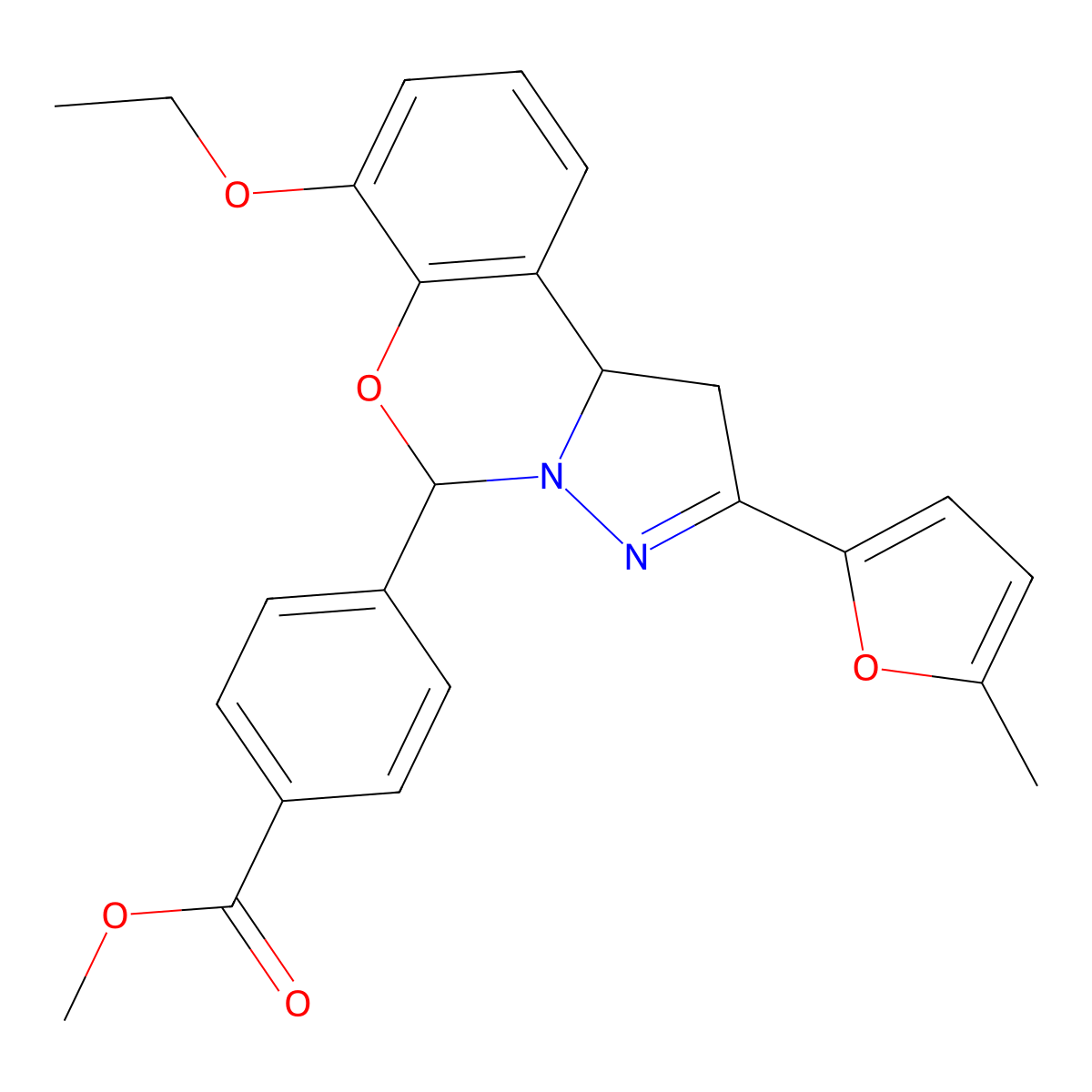 Methyl 4-[7-ethoxy-2-(5-methylfuran-2-yl)-1,10b-dihydropyrazolo[1,5-c][1,3]benzoxazin-5-yl]benzoate molecular structure, CAS 450386-25-1