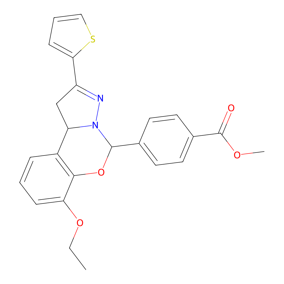 methyl 4-(7-ethoxy-2-thiophen-2-yl-5,10b-dihydro-1H-pyrazolo[1,5-c][1,3]benzoxazin-5-yl)benzoate molecular structure, CAS 450386-52-4
