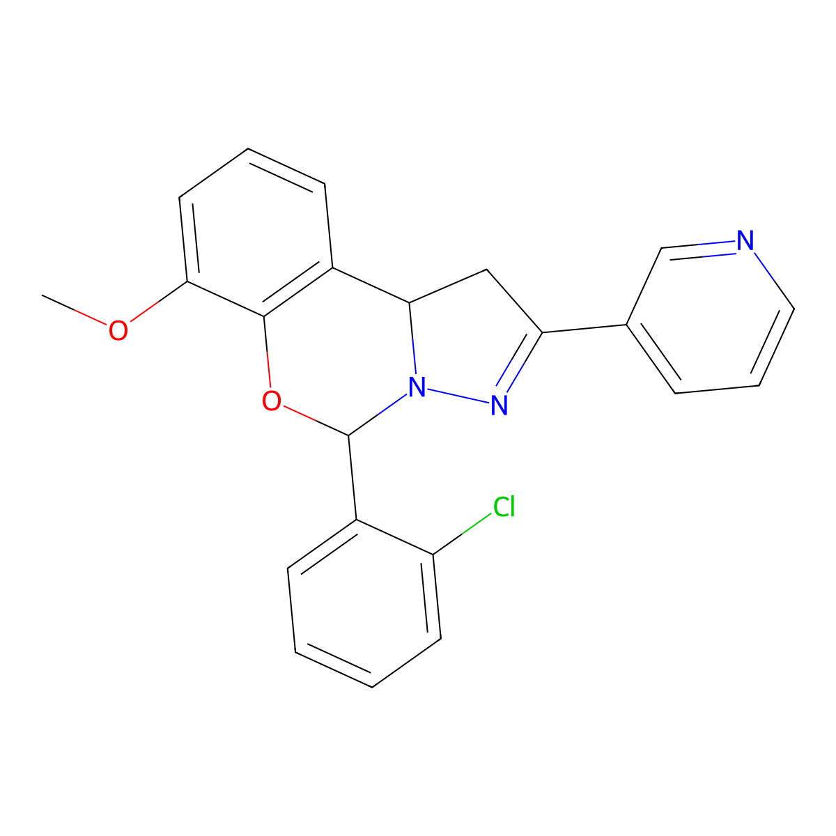 5-(2-chlorophenyl)-7-methoxy-2-pyridin-3-yl-5,10b-dihydro-1H-pyrazolo[1,5-c][1,3]benzoxazine molecular structure, CAS 450386-64-8
