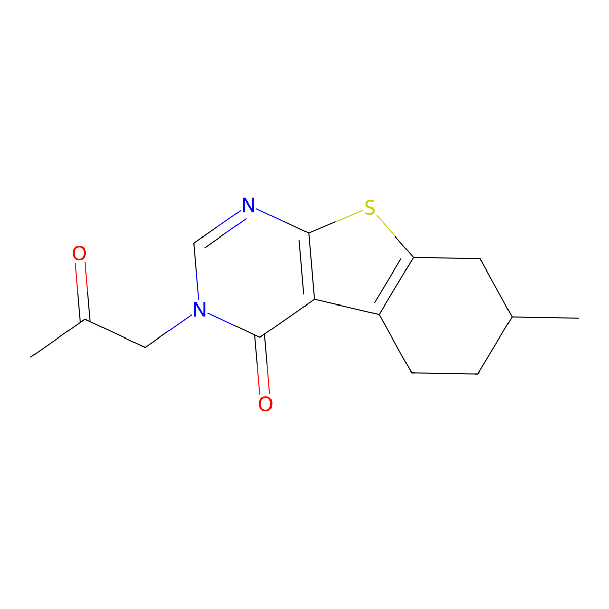 7-Methyl-3-(2-oxopropyl)-5,6,7,8-tetrahydro-[1]benzothiolo[2,3-d]pyrimidin-4-one molecular structure, CAS 450394-28-2