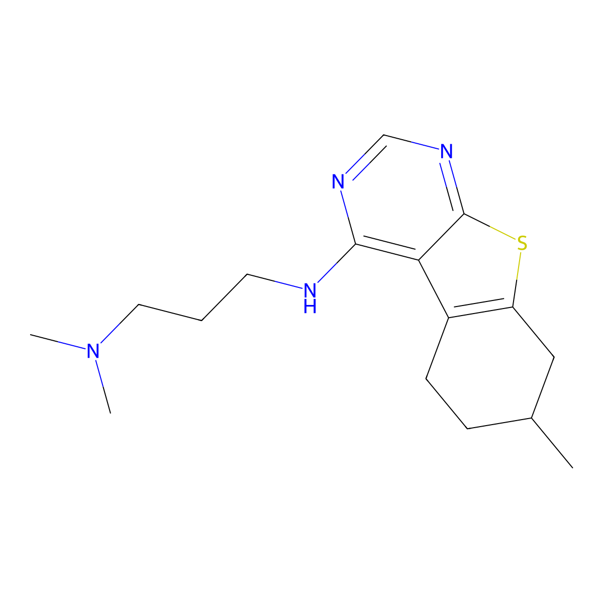 N',N'-dimethyl-N-(7-methyl-5,6,7,8-tetrahydro-[1]benzothiolo[2,3-d]pyrimidin-4-yl)propane-1,3-diamine molecular structure, CAS 450394-39-5