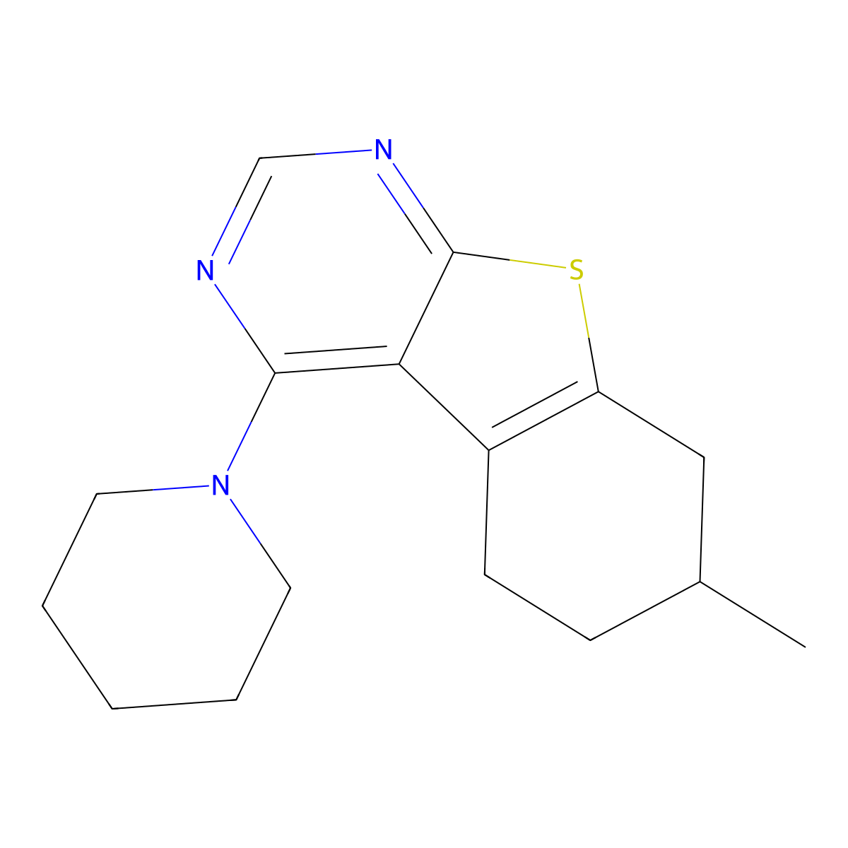 7-Methyl-4-(1-piperidinyl)-5,6,7,8-tetrahydro[1]benzothieno[2,3-d]pyrimidine molecular structure, CAS 450395-05-8